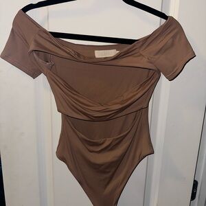 Meshki Brown Off-Shoulder Bodysuit